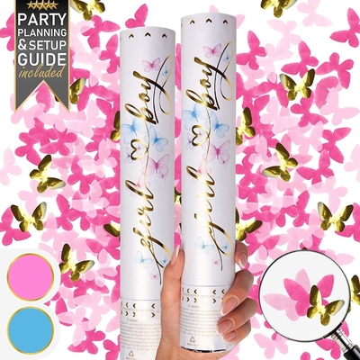 Gender Reveal Confetti Cannon Butterfly Shape Pink 2 Pack Gender Reveal Boy Girl Poppers